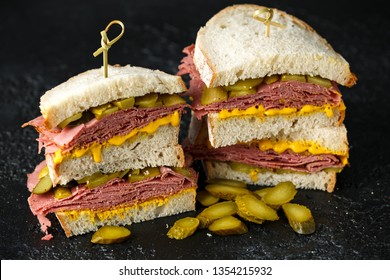 New York Pastrami, Gherkins And Sourdough Bread Deli Sandwich