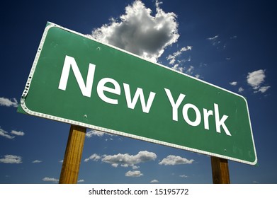 New York Road Sign With Dramatic Clouds And Sky.