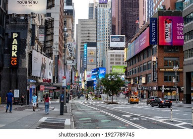 NEW YORK, NEW YORK - SEP 7:  Scene at Times Square on Sept 7, 2020 during COVID closure of businesses.  Normally the square is teeming with more tourists.