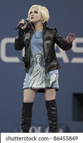 NEW YORK - SEPTEMBER 10: Cyndi Lauper performs at opening ceremony before semifinal match between Caroline Wozniacki of Denmark and Serena Williams of USA at US Open on September 10, 2011 in NYC
