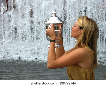 NEW YORK - SEPTEMBER 10: US Open 2006 champion Maria Sharapova holds US Open trophy after her win the ladies singles final  on September 10, 2006 in Flushing, New York