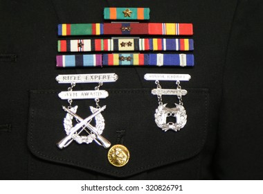 NEW YORK - SEPTEMBER 13, 2015: American Military Ribbons And Badges On United States Marine Dress Blue Uniform In New York