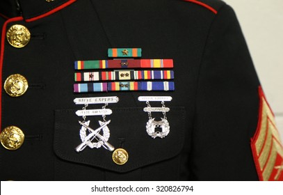 NEW YORK - SEPTEMBER 13, 2015: American Military Ribbons And Badges On United States Marine Dress Blue Uniform In New York