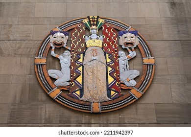 NEW YORK - SEPTEMBER 13, 2022: Large Metal And Enamel Plaque Signifying Drama By Hildreth Meiere On New York City Landmark, Radio City Music Hall In Rockefeller Center, Midtown Manhattan