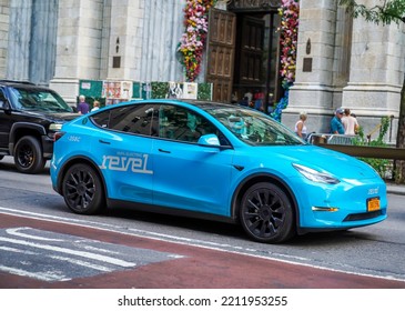 NEW YORK - SEPTEMBER 13, 2022: Revel-branded Tesla Model Y All-electric Rideshare Car In New York City