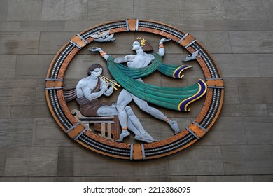 NEW YORK - SEPTEMBER 13, 2022: Large Metal And Enamel Plaque Signifying Song By Hildreth Meiere On New York City Landmark, Radio City Music Hall In Rockefeller Center, Midtown Manhattan