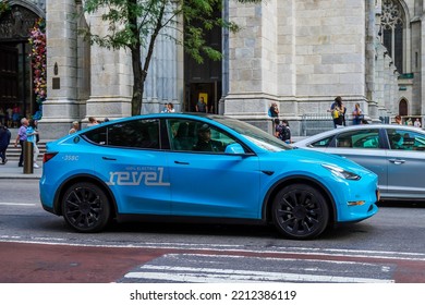 NEW YORK - SEPTEMBER 13, 2022: Revel-branded Tesla Model Y All-electric Rideshare Car In New York City