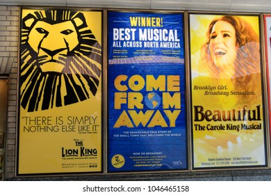 NEW YORK - SEPTEMBER 16, 2017: Poster Of Lion King, Come From Away And Beautiful Broadway Musical In New York CIty