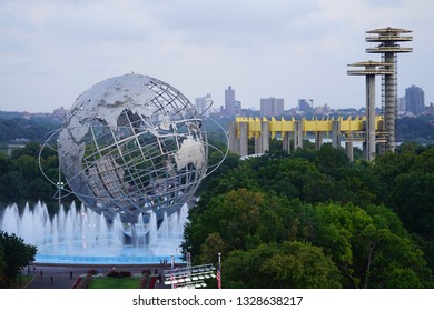 NEW YORK - SEPTEMBER 2, 2018: 1964 New York World's Fair Unisphere in Flushing Meadows Park. It is the world s largest global structure, rising 140 feet and weighing 700 000 pounds