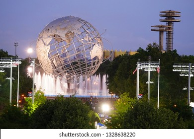 NEW YORK - SEPTEMBER 2, 2018: 1964 New York World's Fair Unisphere in Flushing Meadows Park. It is the world s largest global structure, rising 140 feet and weighing 700 000 pounds