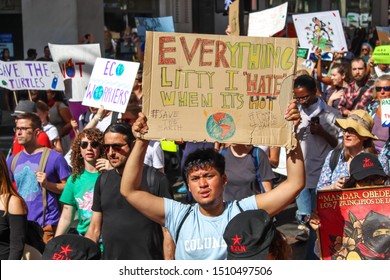 NEW YORK - SEPTEMBER 20, 2019: People of all ages gather to march through downtown Manhattan to protest government and corporate inaction in effectively addressing climate change. 