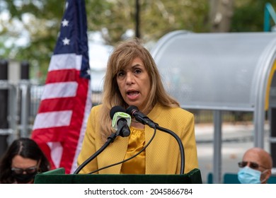 NEW YORK, NEW YORK - SEPTEMBER 22, 2021: Queens Community Board 1 Florence Koulouris Speaks At Ribbon Cutting In Charybdis Playground In Astoria Park In Astoria, Queens.