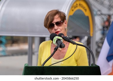 NEW YORK, NEW YORK - SEPTEMBER 22: Queens Community Board 1 Marie Tornieli Speaks At Ribbon Cutting In Charybdis Playground In Astoria Park In Astoria, Queens On September 22, 2021 In New York City.