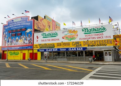 NEW YORK, SEPTEMBER 26, 2013 - Nathans Hot Dog Contest Countdown Clock And Nathan's Famous Restaurant At The Corner Of Surf And Stillwell Avenues, Coney Island