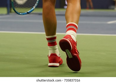 NEW YORK - SEPTEMBER 3, 2017: Grand Slam Champion Garbina Muguruza Of Spain Wears Custom Adidas Tennis Shoes By Stella McCartney During Match At US Open 2017 At Billie Jean King National Tennis Center