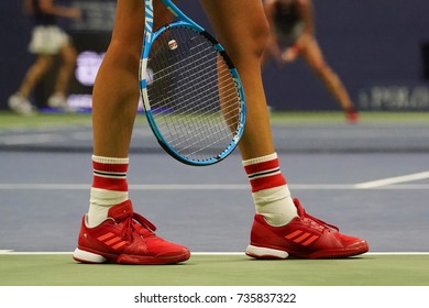 NEW YORK - SEPTEMBER 3, 2017: Grand Slam Champion Garbina Muguruza Of Spain Wears Custom Adidas Tennis Shoes By Stella McCartney During Match At US Open 2017 At Billie Jean King National Tennis Center