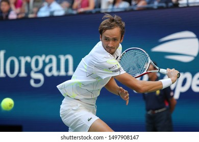 NEW YORK - SEPTEMBER 3, 2019: Professional tennis player Daniil Medvedev  of Russia in action during the 2019 US Open quarter-final match at Billie Jean King National Tennis Center in New York