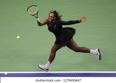 NEW YORK - SEPTEMBER 8, 2018: 23-time Grand Slam champion Serena Williams in action during her 2018 US Open final match against Naomi Osaka at Billie Jean King National Tennis Center