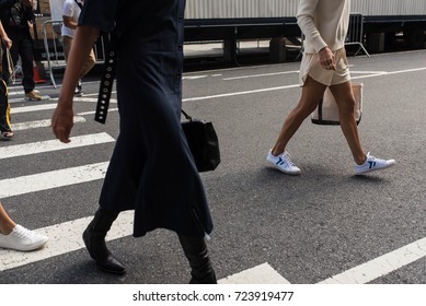 NEW YORK, NEW YORK - SEPTEMBER 9, 2017: Footwear Details And Street Style During New York Fashion Week 2017.