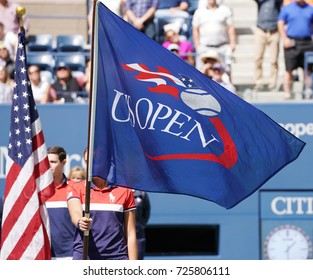 NEW YORK - SEPTEMBER 9, 2017: US Open Flag During US Open 2017 Mixed Doubles Trophy Presentation At Billie Jean King National Tennis Center