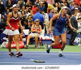 NEW YORK - SEPTEMBER 9, 2018: 2018 US Open women's doubles champions Ashleigh Barty of Australia and CoCo Vandeweghe of USA celebrate victory after final at Billie Jean King National Tennis Center