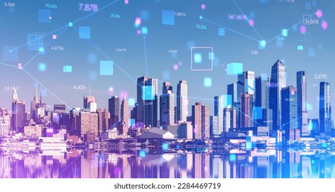 New York skyline and digital hologram of blockchain, data storage and online database hologram double exposure. Concept of metaverse, business and information fields