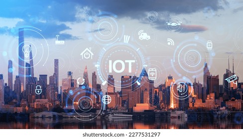 New York skyline at golden hour, internet of things (IOT) and smart city icons hologram, global network and devices connection. Concept of modern technology, AI and business process