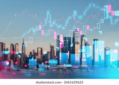 New York skyline with holographic stock market graphics overlay. Digital and business concept. Double exposure - Powered by Shutterstock