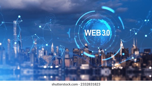 New York skyline at night, glowing digital worldwide connection with earth sphere and lines. Web 3.0 hologram hud. Concept of business trend and new futuristic technology
