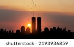 New York skyline silhouette with Twin Towers and birds flying up like souls at sunset. 09.11.2001 American Patriot Day banner. NYC World Trade Center.