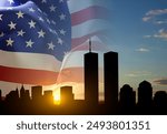 New York skyline silhouette with Twin Towers and USA flag against the sunset. Patriot Day banner. 9.11.2001