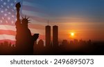 New York skyline silhouette with Twin Towers and The Statue of Liberty at sunset with USA flag. 09.11.2001 American Patriot Day banner.