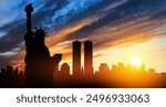 New York skyline silhouette with Twin Towers and The Statue of Liberty at sunset. 09.11.2001 American Patriot Day banner.