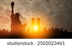 New York skyline silhouette with Twin Towers and The Statue of Liberty at sunset. 09.11.2001 American Patriot Day banner.