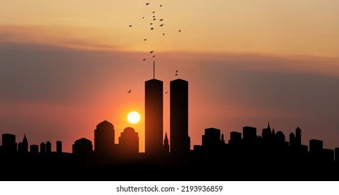 New York skyline silhouette with Twin Towers and birds flying up like souls at sunset. 09.11.2001 American Patriot Day banner. NYC World Trade Center.
