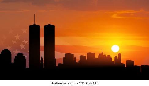 Silhouette de perfil de Nueva York con Torres Gemelas y bandera de los Estados Unidos al atardecer. 09.11.2001 Banner del Día del Patriota Estadounidense.