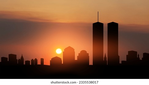 New York skyline silhouette with Twin Towers at sunset. 09.11.2001 American Patriot Day banner. - Shutterstock ID 2335538017