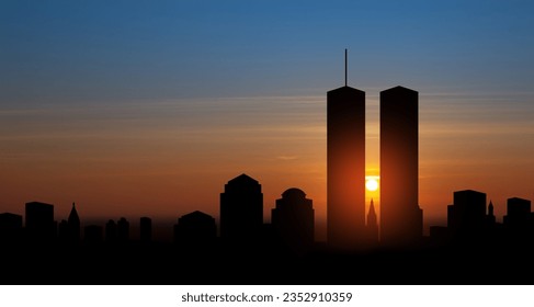 New York skyline silhouette with Twin Towers at sunset. 09.11.2001 American Patriot Day banner.