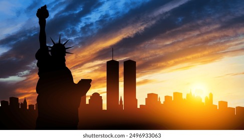 New York skyline silhouette with Twin Towers and The Statue of Liberty at sunset. 09.11.2001 American Patriot Day banner. - Powered by Shutterstock