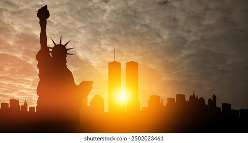 New York skyline silhouette with Twin Towers and The Statue of Liberty at sunset. 09.11.2001 American Patriot Day banner. - Powered by Shutterstock