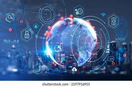 New York skyline, skyscrapers at night. Earth globe with digital connection hologram and icons. Big data and business marketing. Concept of worldwide connection