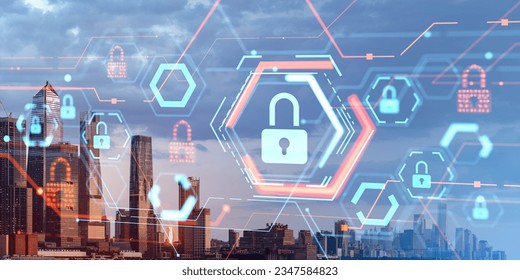 New York skyscrapers at golden hour, padlock icons and global network security. Blockchain and cybersecurity in company. Concept of technology, privacy and business data protection