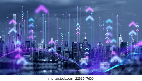 New York skyscrapers at night, double exposure of growing arrows and metaverse abstract lines. Concept of smart city, futuristic technologies and global connection - Powered by Shutterstock