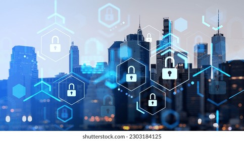 New York skyscrapers at night, padlock icons and global network security. Blockchain and cybersecurity in company. Concept of technology, privacy and business data protection