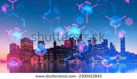 New York skyscrapers at night, skyline and digital hologram with colorful abstract big data blocks. Concept of information fields, decentralization and blockchain