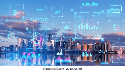 New York skyscrapers skyline, digital data dashboard with graph analysis and chart, numbers and KPI metrics. Concept of business infographics, statistics and marketing