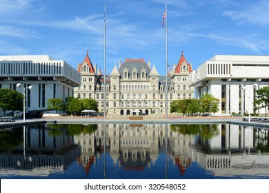 New York State Capitol building in downtown Albany, New York NY, USA. This building was built with Romanesque Revival and Neo-Renaissance style in 1867.