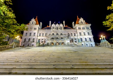 The New York State Capitol Building In Albany, Home Of The New York State Assembly At Night.