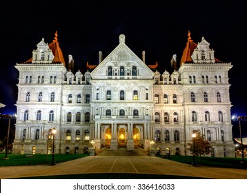 The New York State Capitol Building In Albany, Home Of The New York State Assembly At Night.