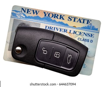 New York State Driver License And Car Key Isolated On White Background.